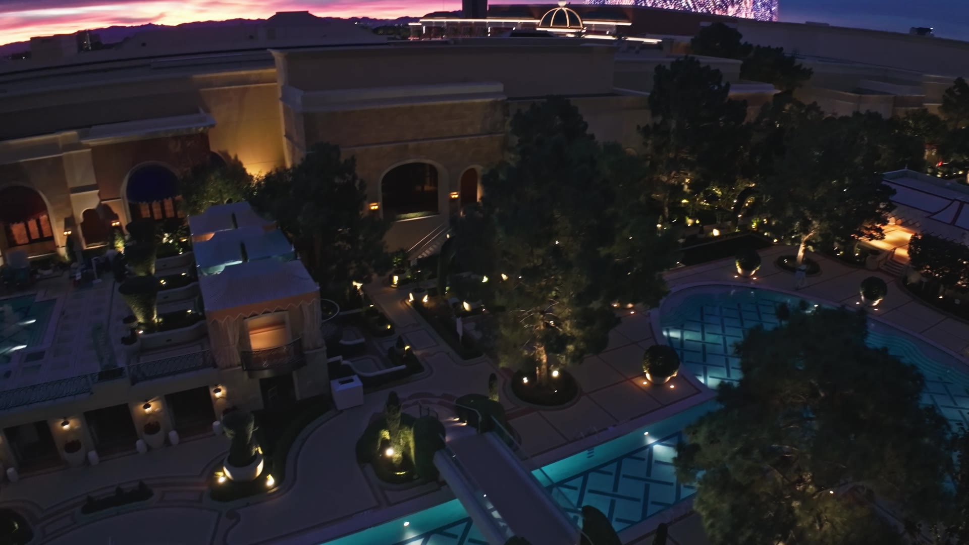 Aerial view of the Wynn Las Vegas grounds at dusk